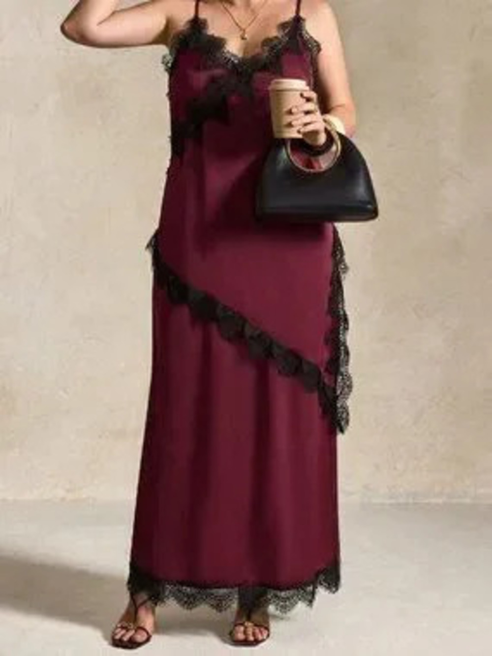 Burgundy Casual Women's Contrast Lace Ruffle Spaghetti Strap Midi Skirt Set
